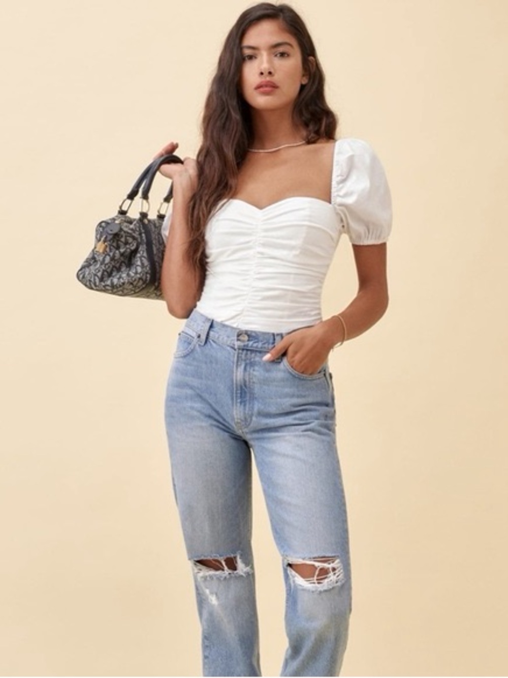 Reformation White Ruched Puff-Sleeve Sweetheart Top